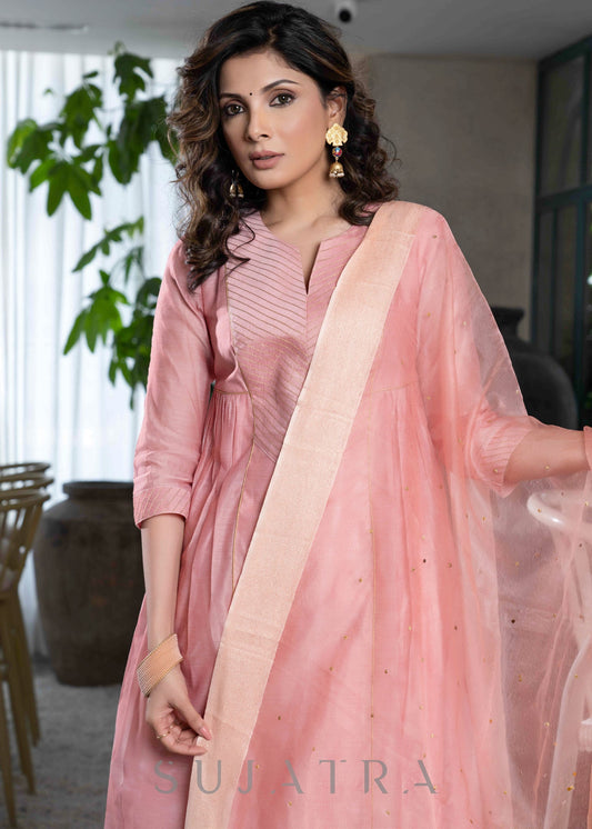 Light pink chanderi Pant & flared kurta with gold detaling - Dupatta Optional