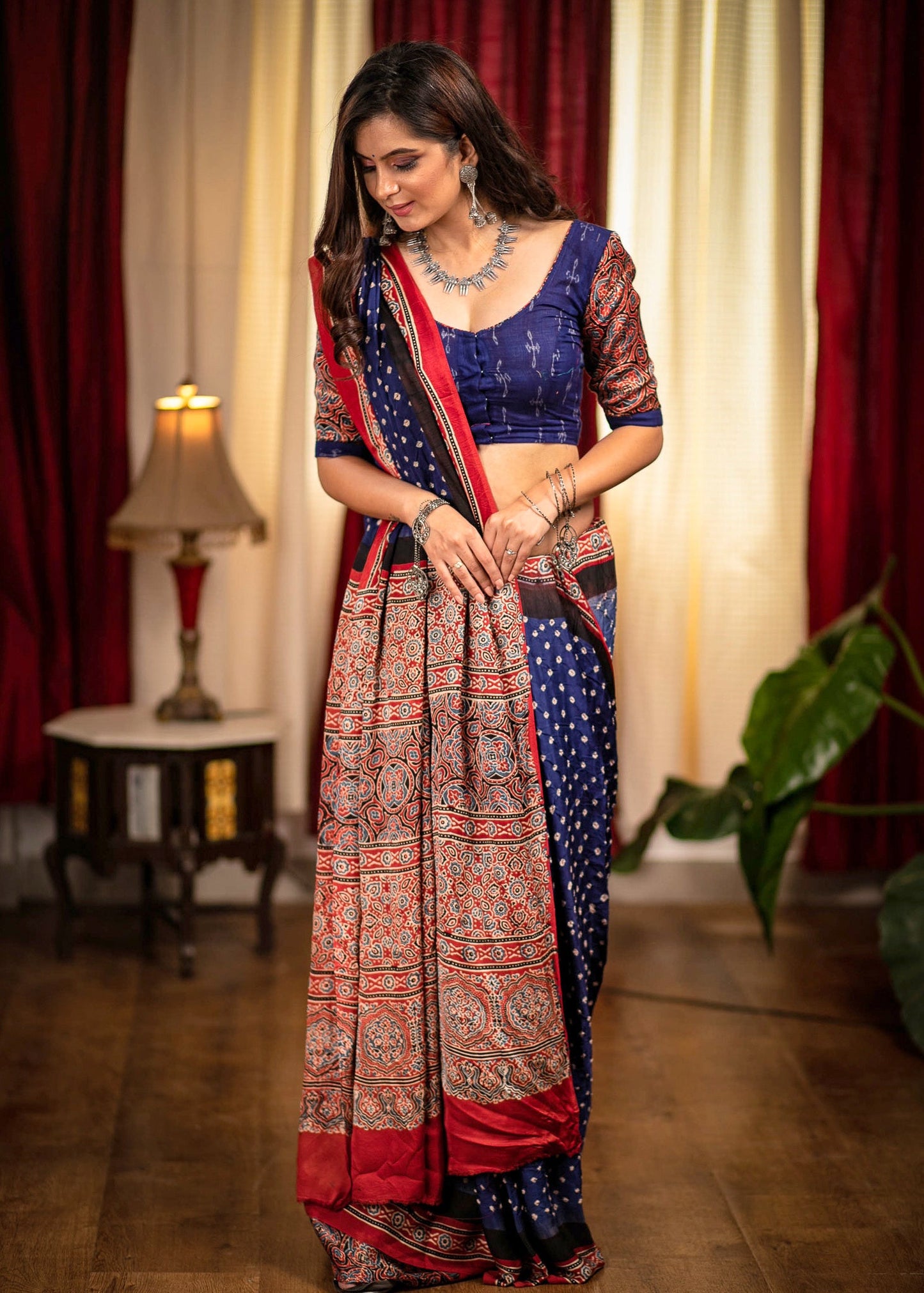 Exclusive modal silk Bandhej saree with Ajrakh block printed border & pallu