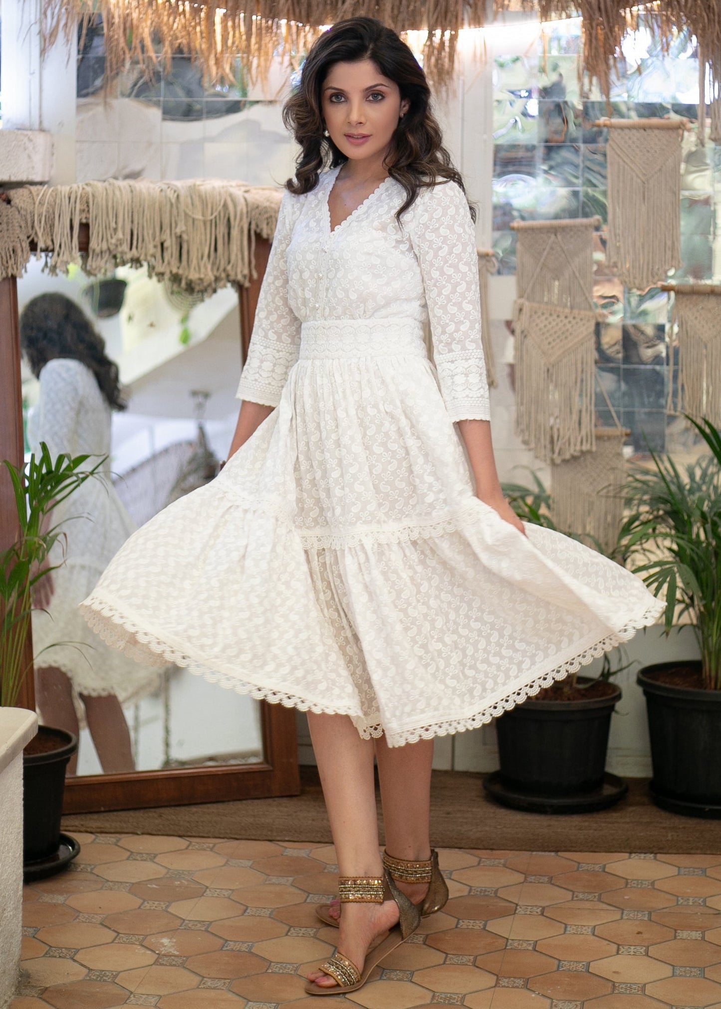 Exclusive White Chikankari Midi Dress