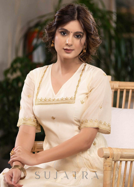 Elegant Off White Chanderi Kurta With Gold Embroidery All Over  - Pant Optional