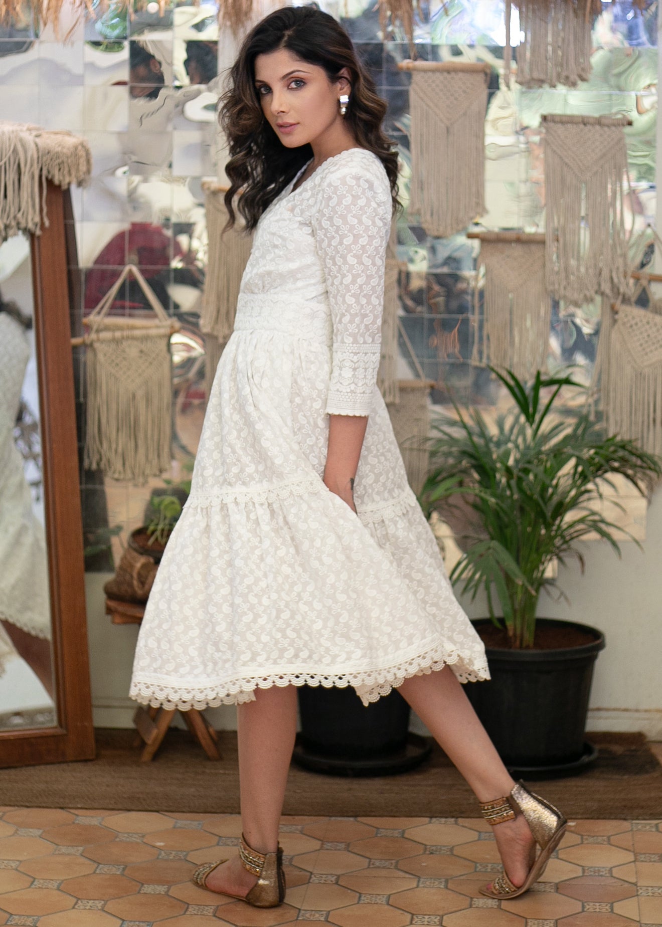 Exclusive White Chikankari Midi Dress