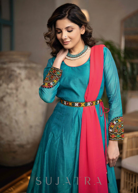 Beautiful Turquoise Chanderi Anarkali Kurta With Mirror Borders & Pant - Dupatta Optional