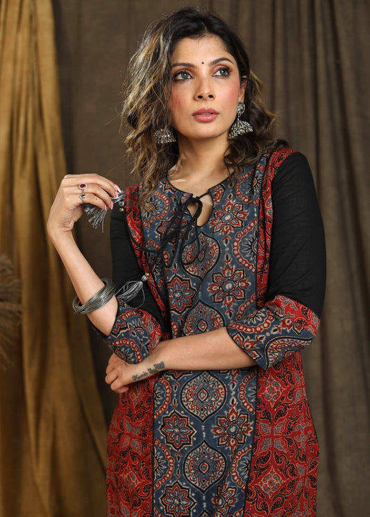 Beautiful Blue Ajrakh Staight Cut kurta with Rust Maroon Panel  - Pant Optional