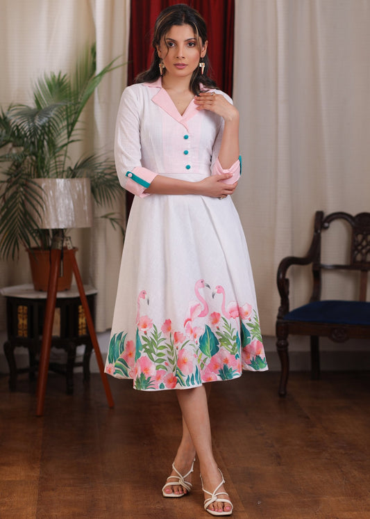 Exclusive ivory handpainted flamingo dress