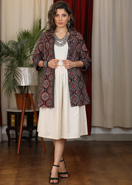 Plain ivory gathered dress paired with handblock ajrakh gypsy shirt