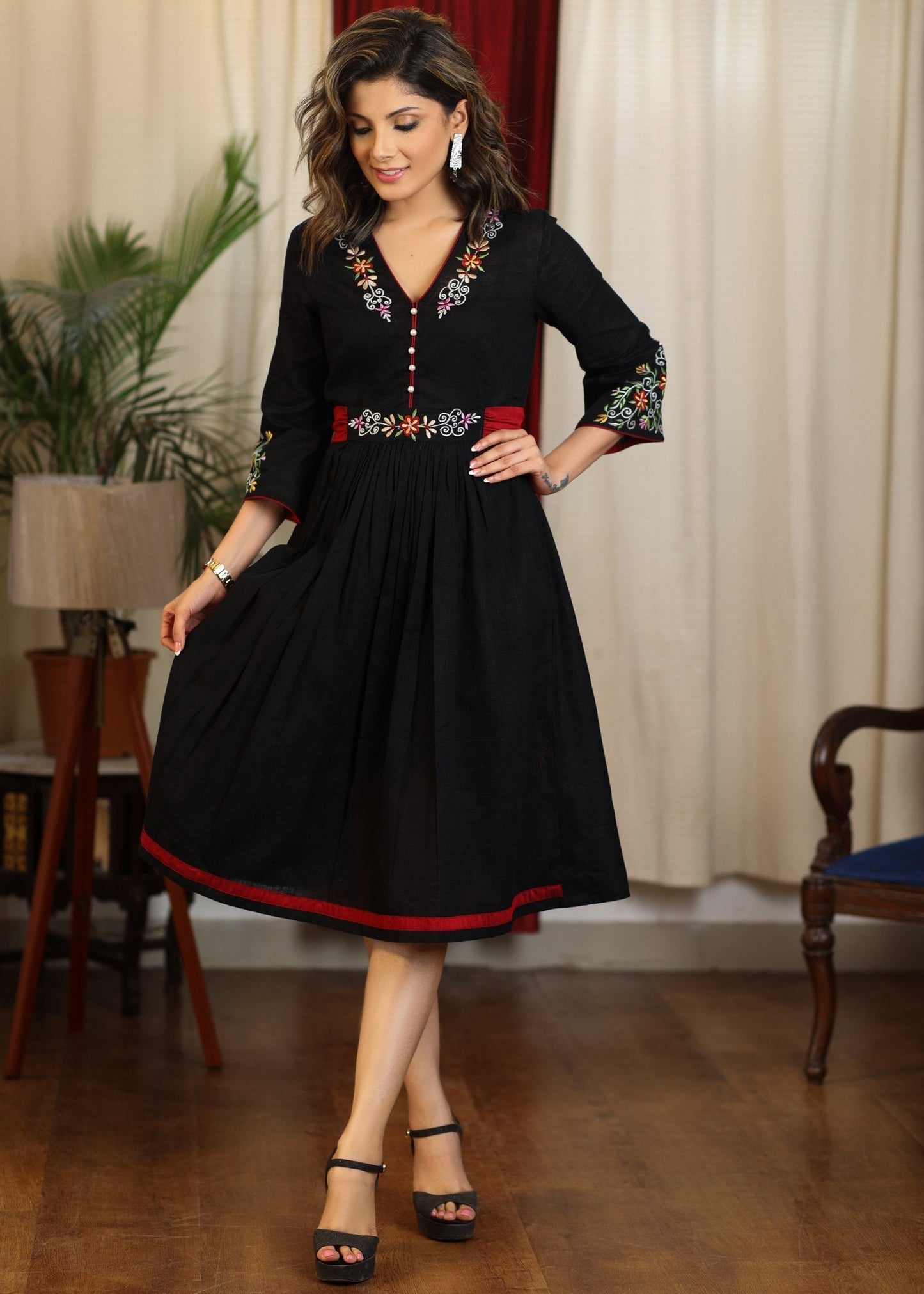 Elegant black cotton multicolor embroidered dress with attached belt