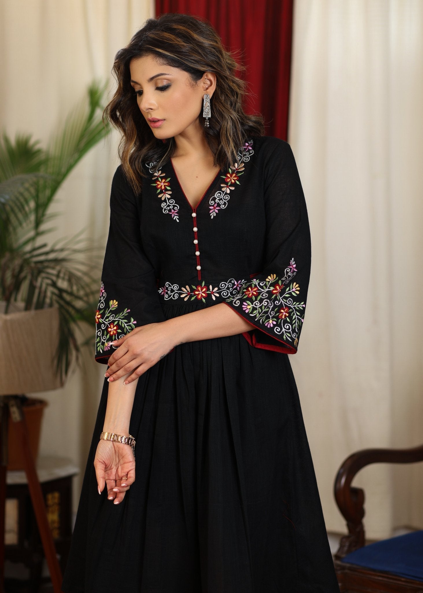 Elegant black cotton multicolor embroidered dress with attached belt