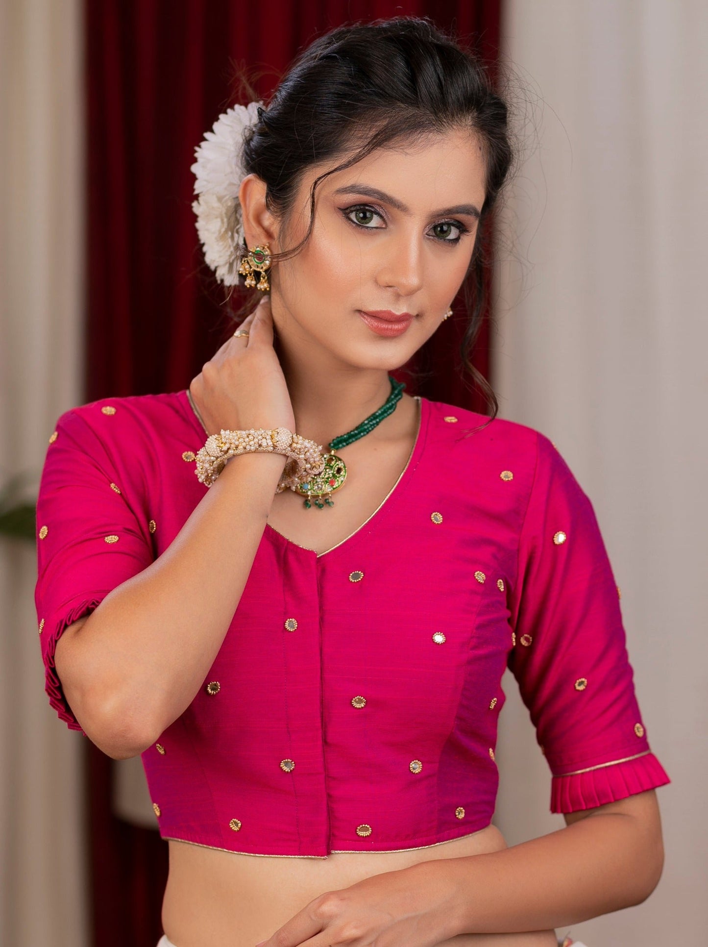 Beautiful majenta pink cotton silk blouse with overall mirror embroidery