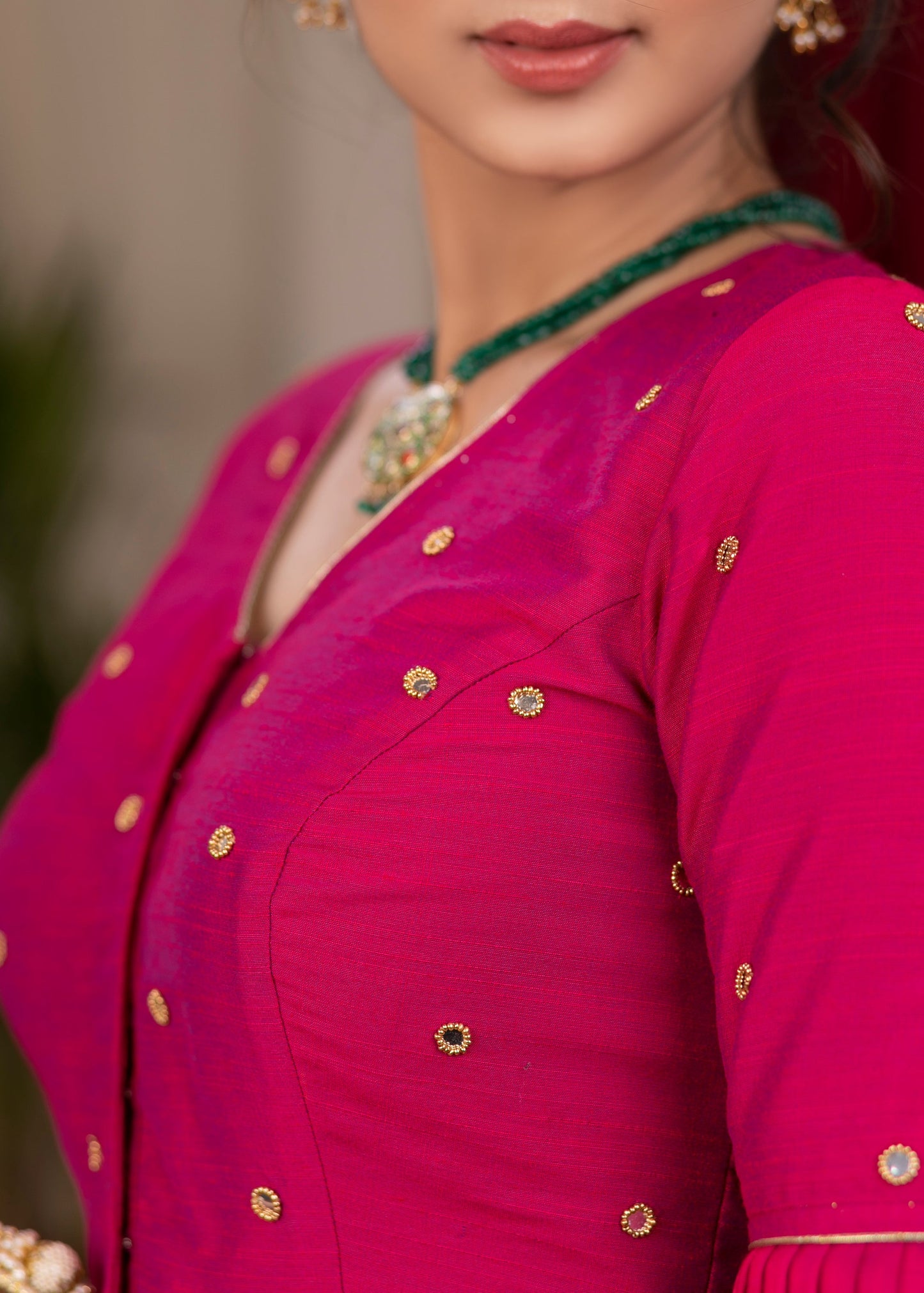 Beautiful majenta pink cotton silk blouse with overall mirror embroidery