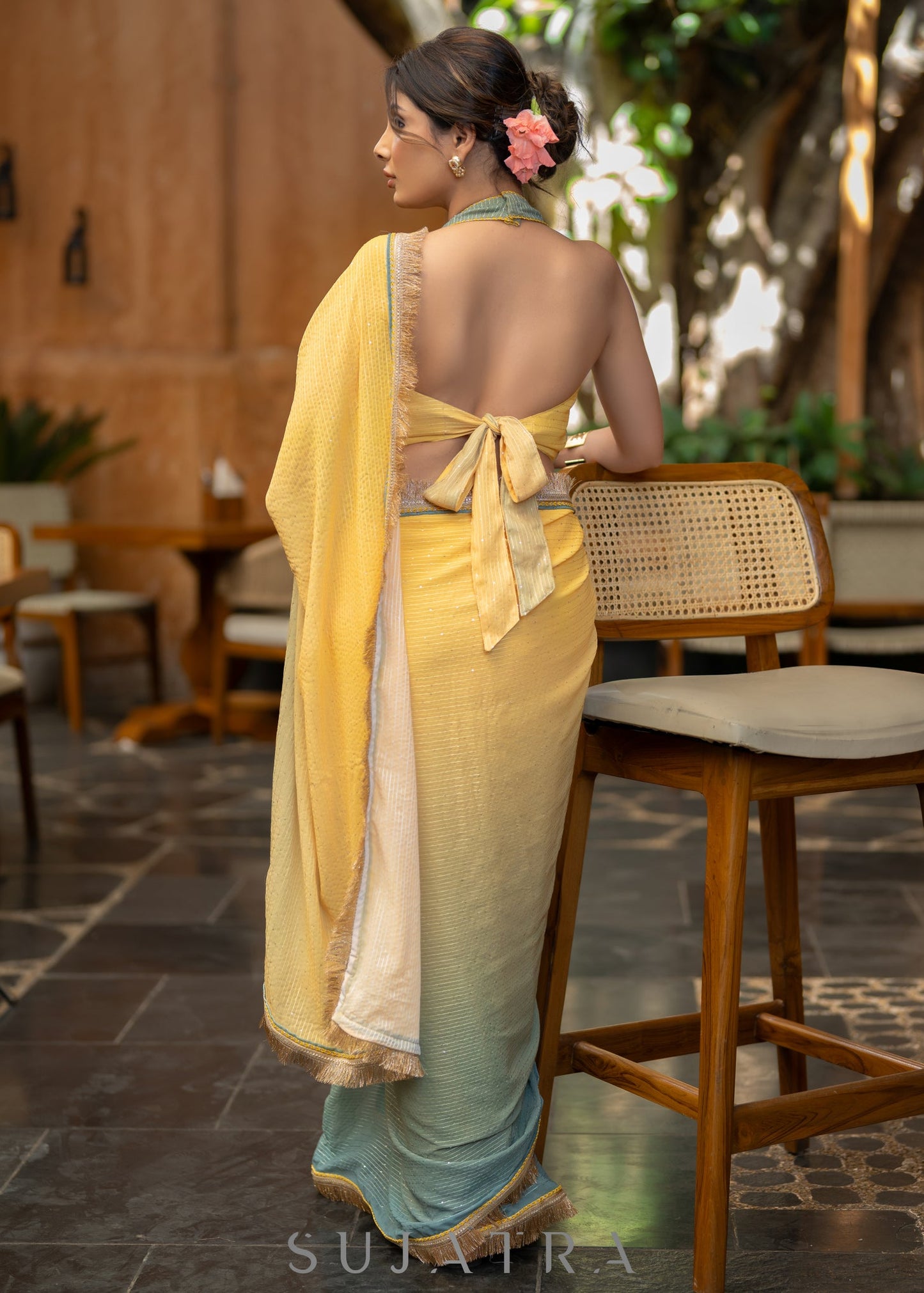 Graceful Yellowish Green Ombre Georgette Saree With Overall Sequenced Crochet Highlighted With Elegant Laces