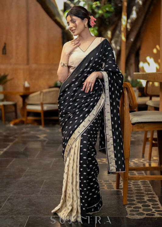 Elegant Black & Beige Combination Cotton Silk Saree With Overall Floral Motif Embroidery