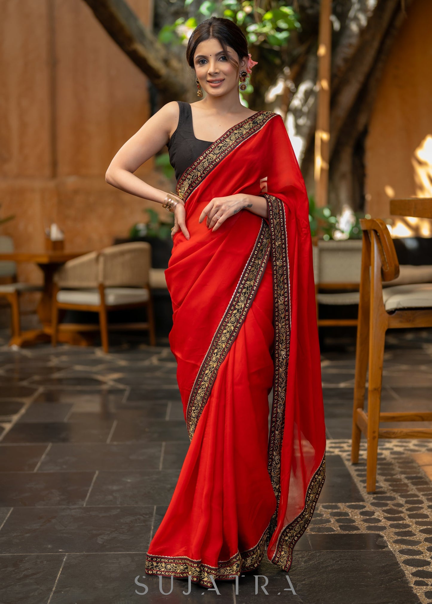 Classy Red Organza Saree Highlighted with Beautiful Embroidered Border