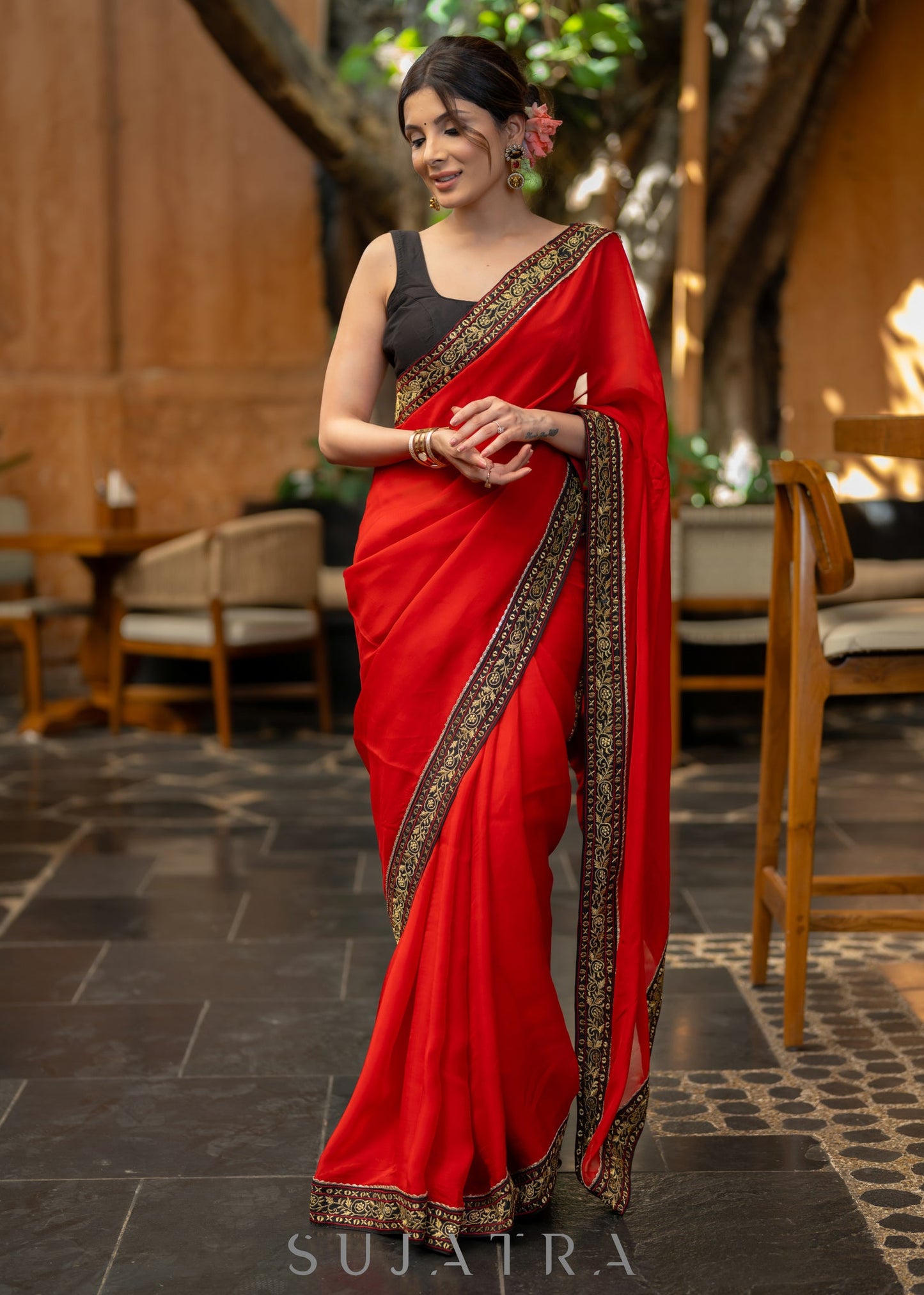 Classy Red Organza Saree Highlighted with Beautiful Embroidered Border