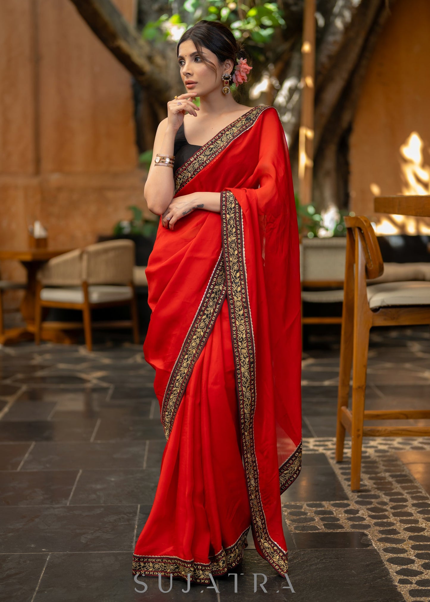 Classy Red Organza Saree Highlighted with Beautiful Embroidered Border