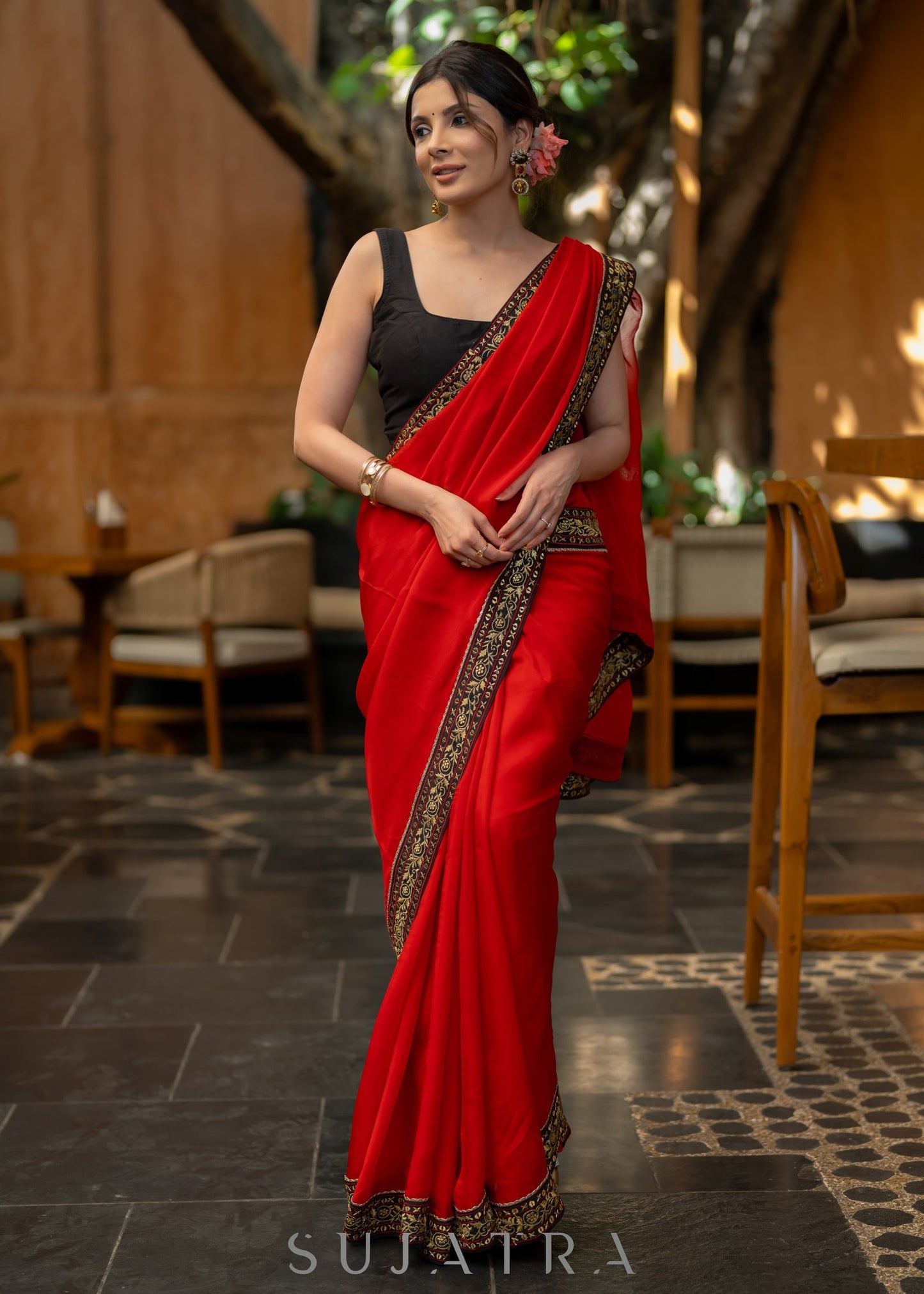 Classy Red Organza Saree Highlighted with Beautiful Embroidered Border