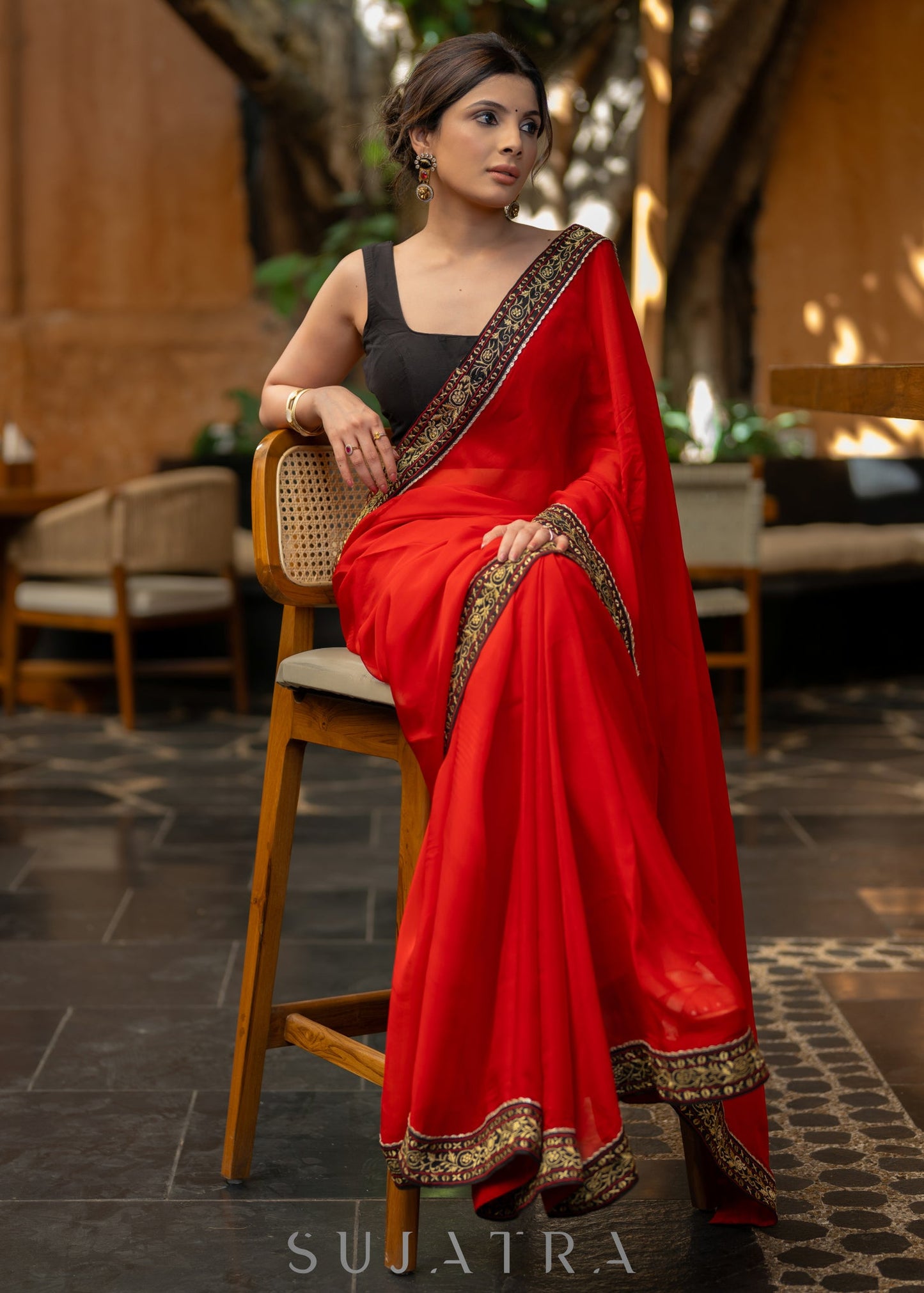 Classy Red Organza Saree Highlighted with Beautiful Embroidered Border