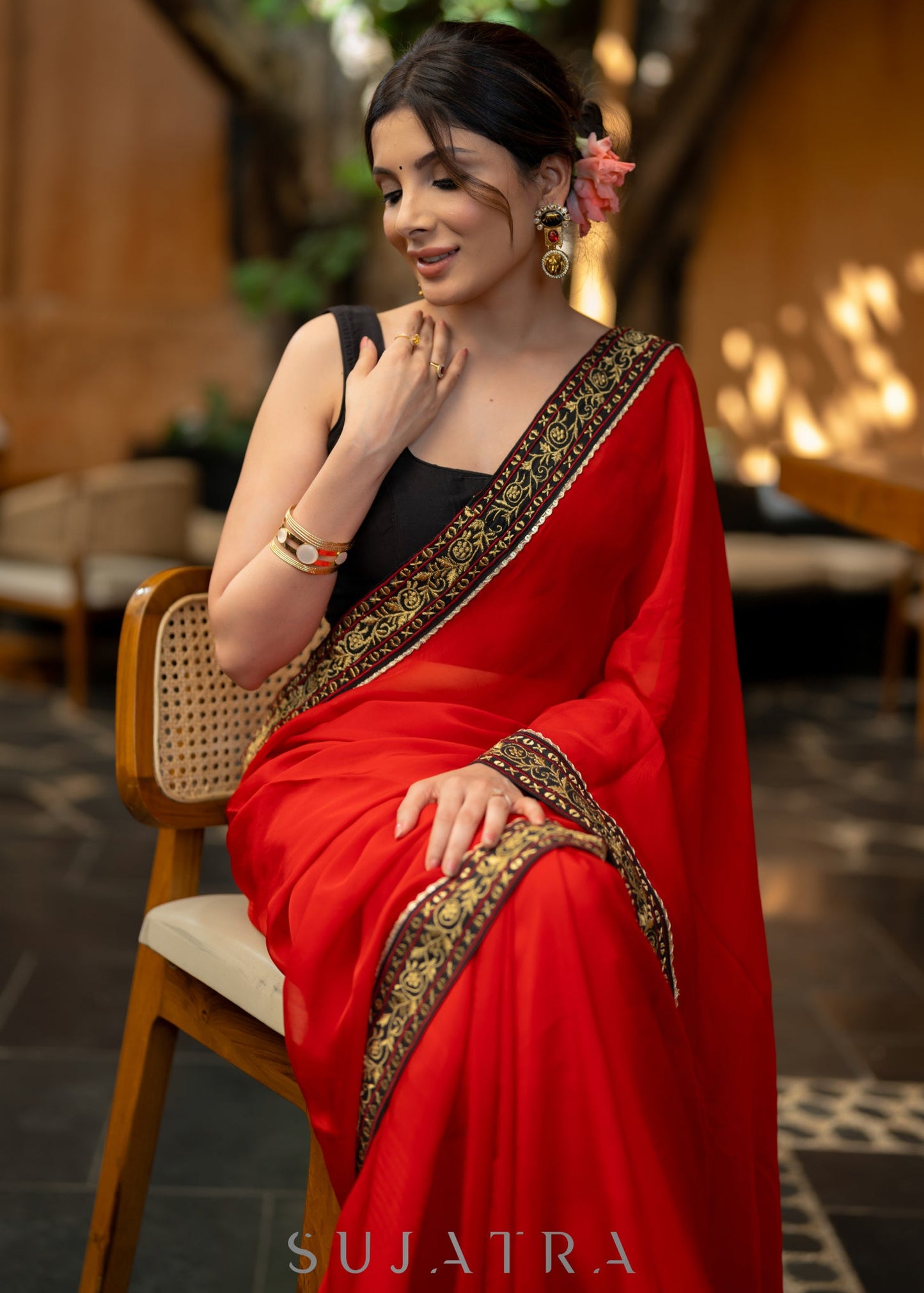 Classy Red Organza Saree Highlighted with Beautiful Embroidered Border