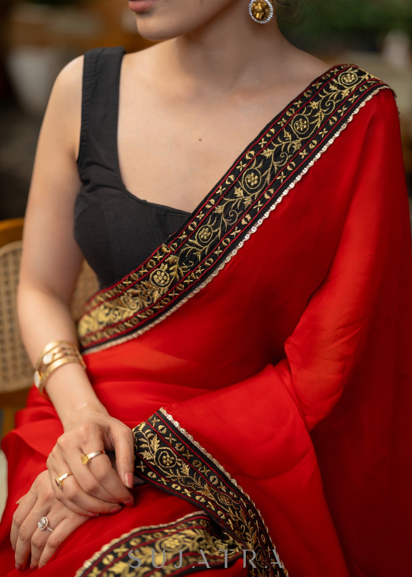 Classy Red Organza Saree Highlighted with Beautiful Embroidered Border