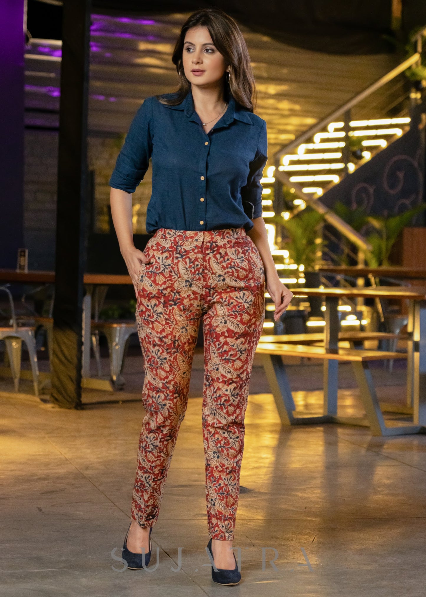 Exclusive Kalamkari Tapered Pants Navy Blue Rayon Shirt Optional