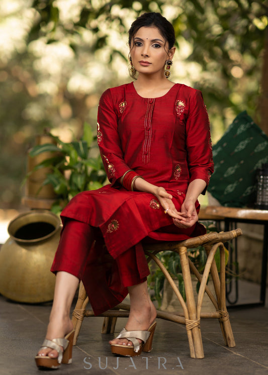 Maroon Gold Hand embroidered Cotton silk kurta - Pant Optional