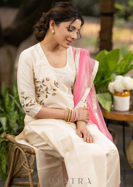 Off-white Cotton silk Gold embroidered asymmetric kurta & Pant - Pink Net Dupatta Optional