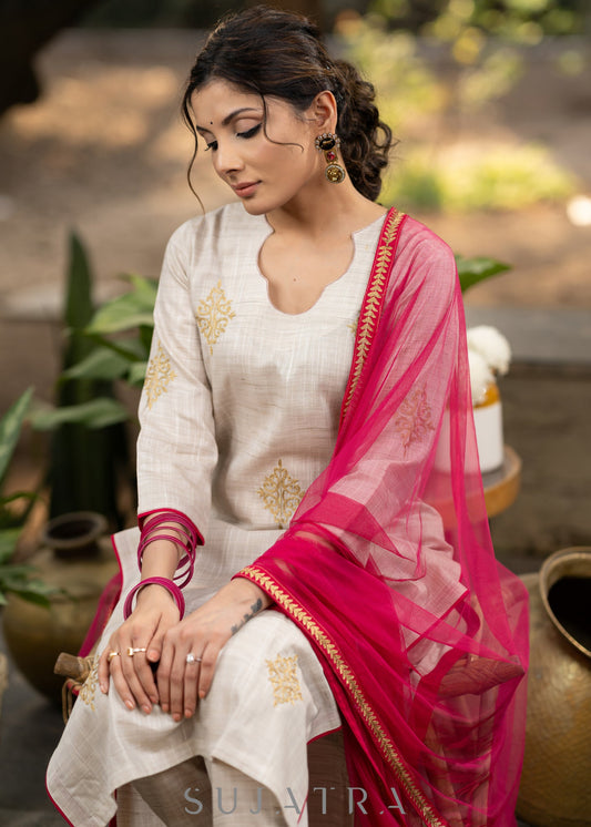 Light beige gold motif kurta and Pant - Embroidered Net Dupatta Optional