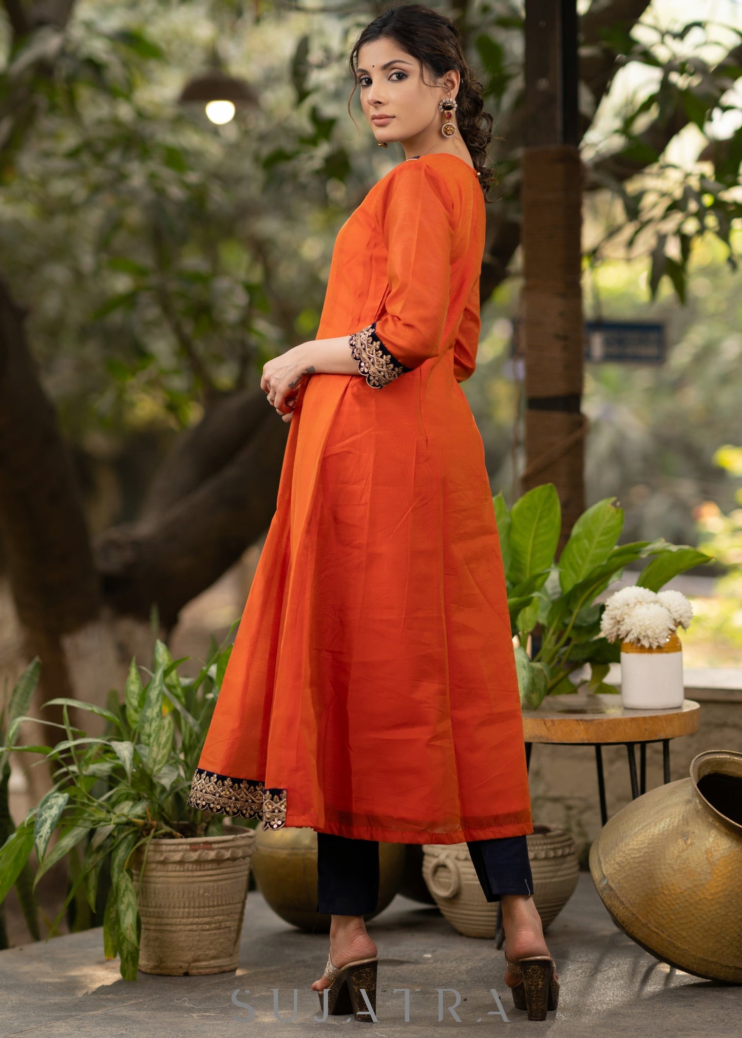 Orange chanderi kurta with brocade yoke and navy Blue Georgette Dupatta - Pant Optional