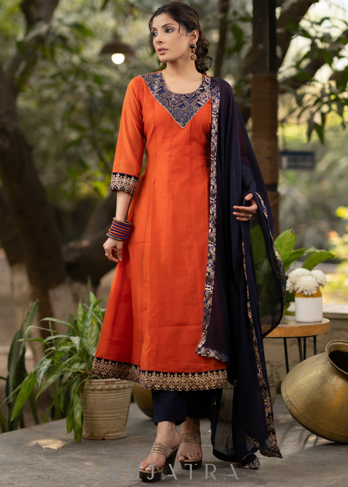 Orange chanderi kurta with brocade yoke and navy Blue Georgette Dupatta - Pant Optional