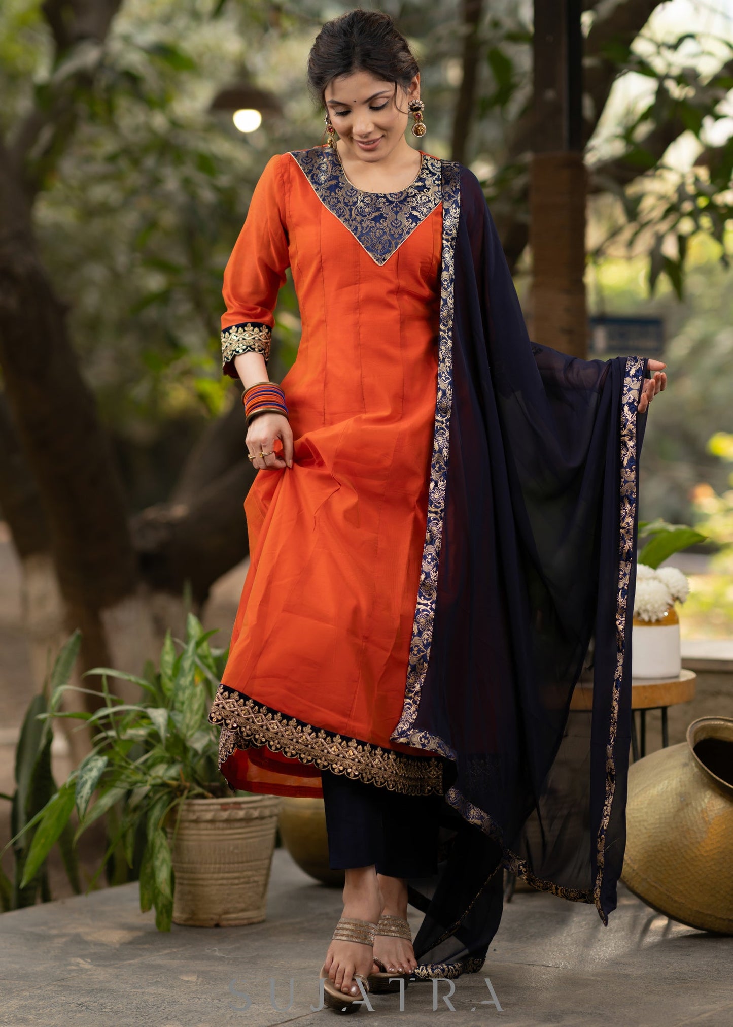 Orange chanderi kurta with brocade yoke and navy Blue Georgette Dupatta - Pant Optional