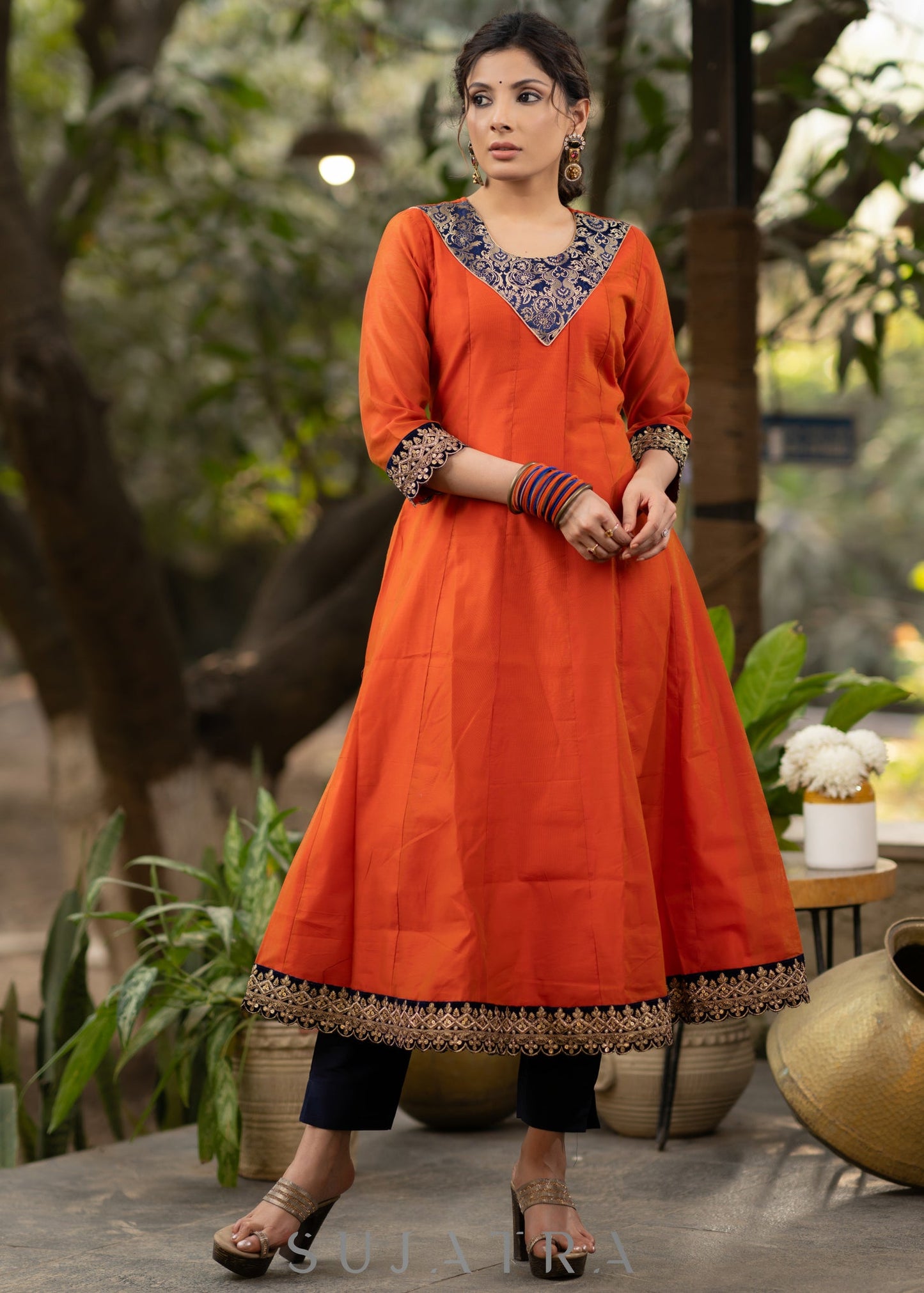 Orange chanderi kurta with brocade yoke and navy Blue Georgette Dupatta - Pant Optional