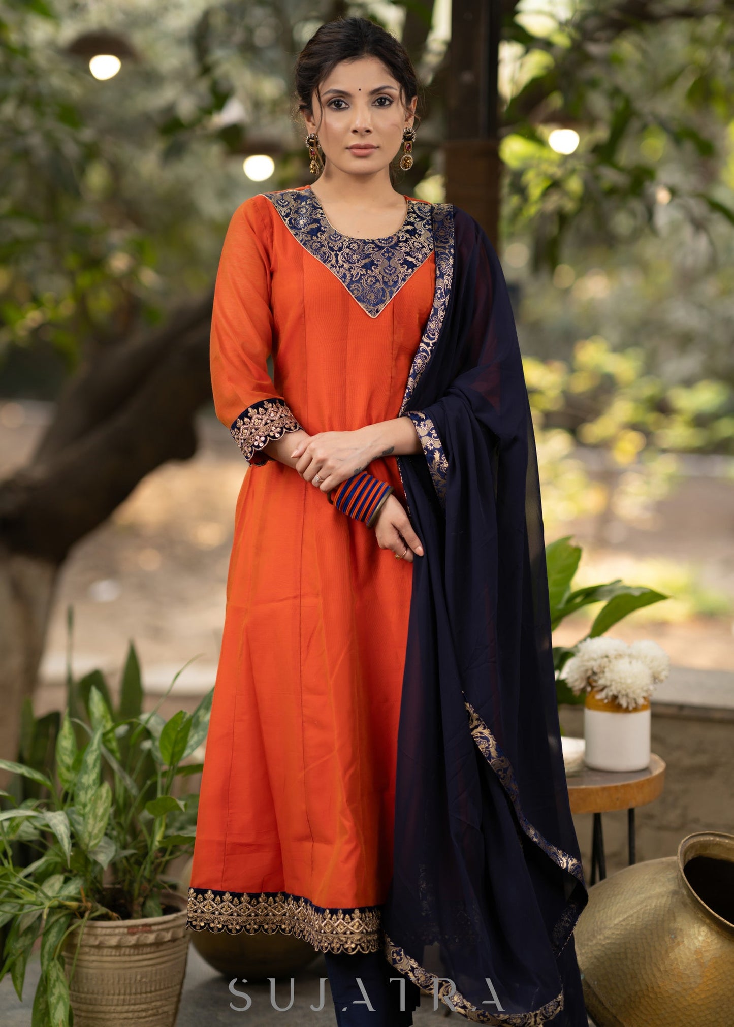 Orange chanderi kurta with brocade yoke and navy Blue Georgette Dupatta - Pant Optional