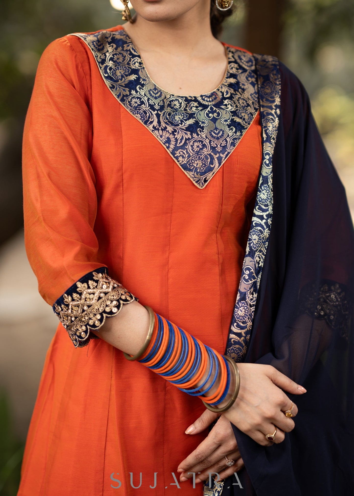 Orange chanderi kurta with brocade yoke and navy Blue Georgette Dupatta - Pant Optional