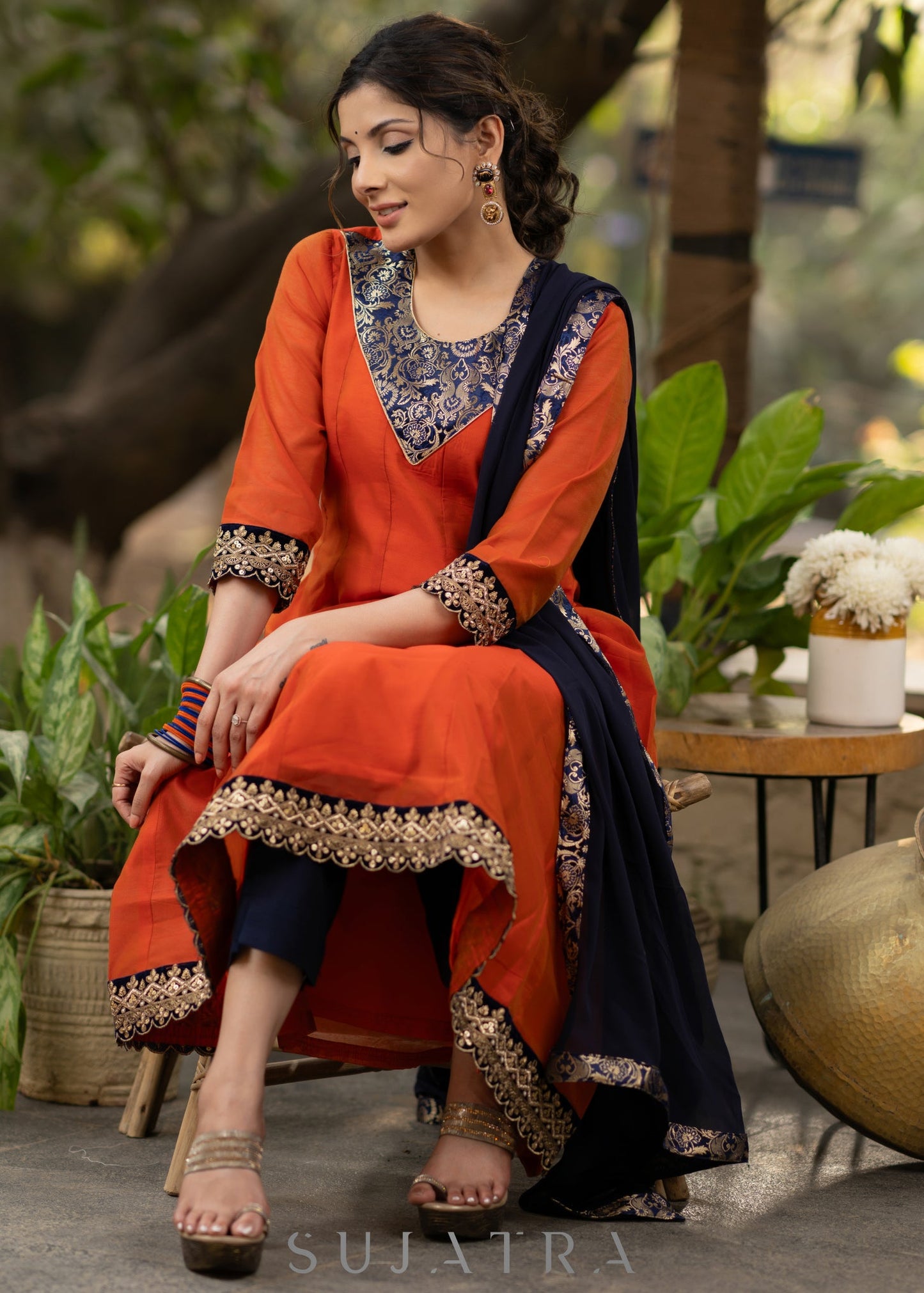 Orange chanderi kurta with brocade yoke and navy Blue Georgette Dupatta - Pant Optional