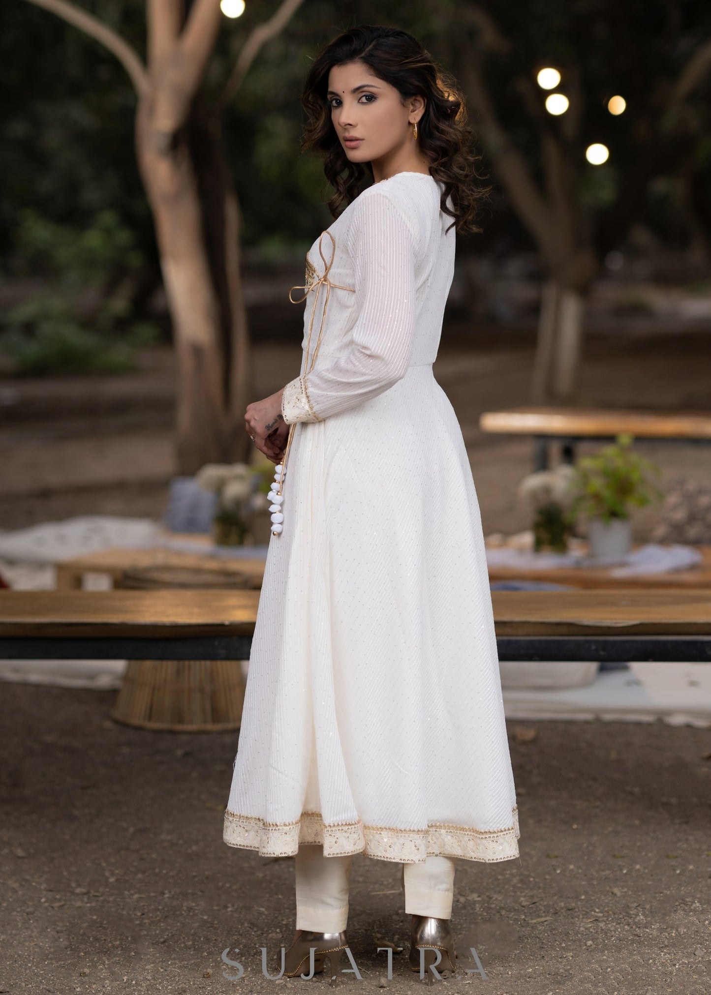 Hand embroidered off White georgette anarkali kurta with pant - Dupatta Optional