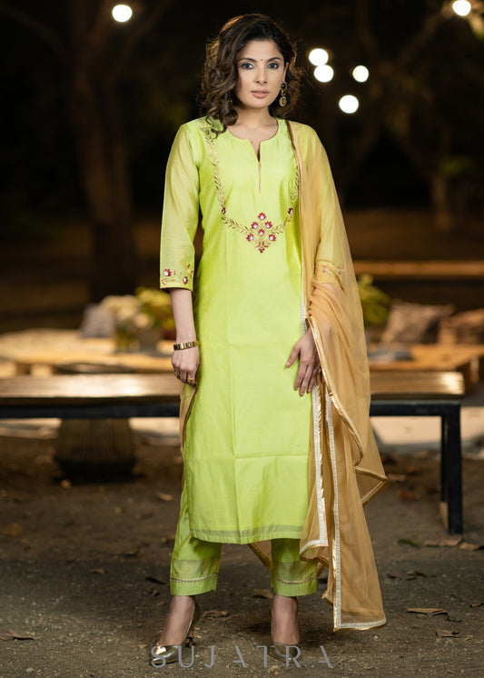 Embroidered Lemon Chanderi kurta with pant-Dupatta optional