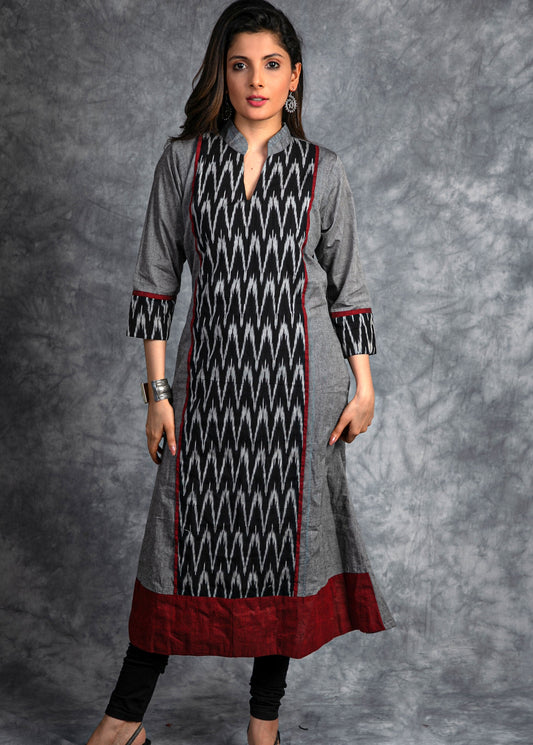 Grey Handloom cotton Kurta  with Ikkat combination