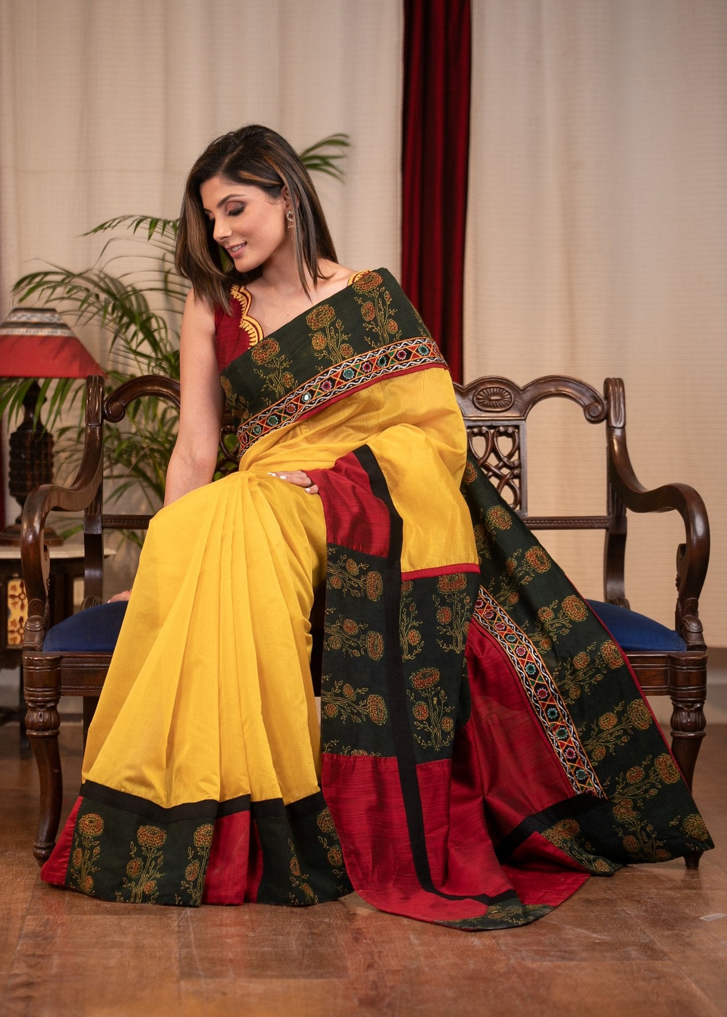 Yellow Chanderi saree with block printed Ajrakh border and pallu