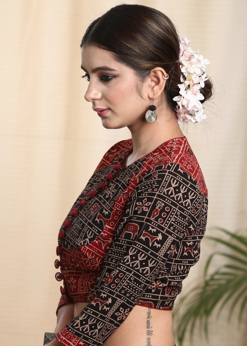 Exclusive Pure Ajrakh Cotton Blouse with Traditional Animal Motifs