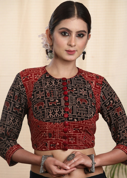 Exclusive Pure Ajrakh Cotton Blouse with Traditional Animal Motifs