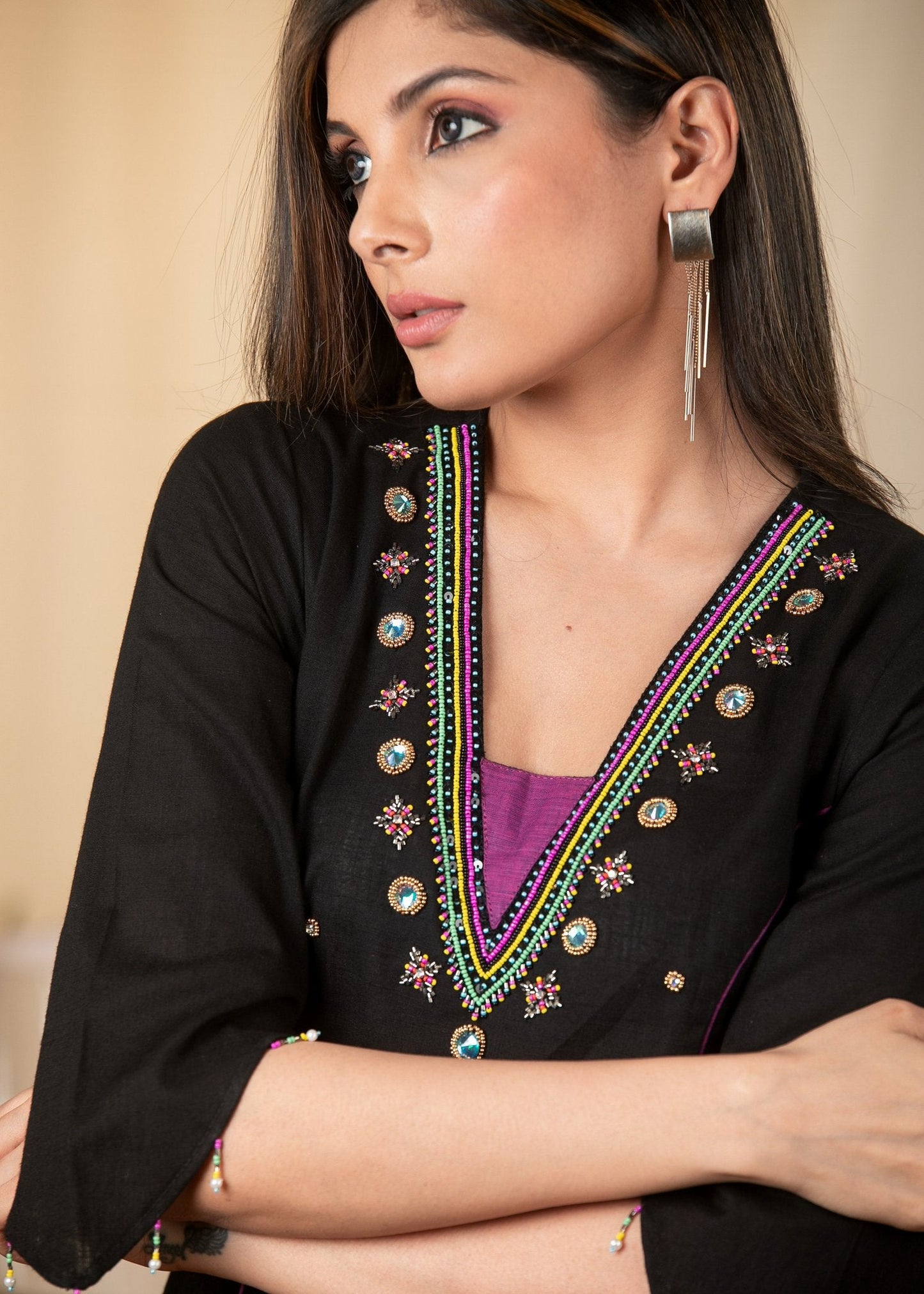 Black cotton dress with exclusive hand embroidered design