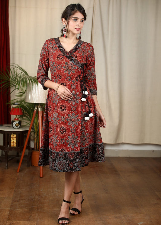 Maroon block printed Ajrakh one piece cotton dress