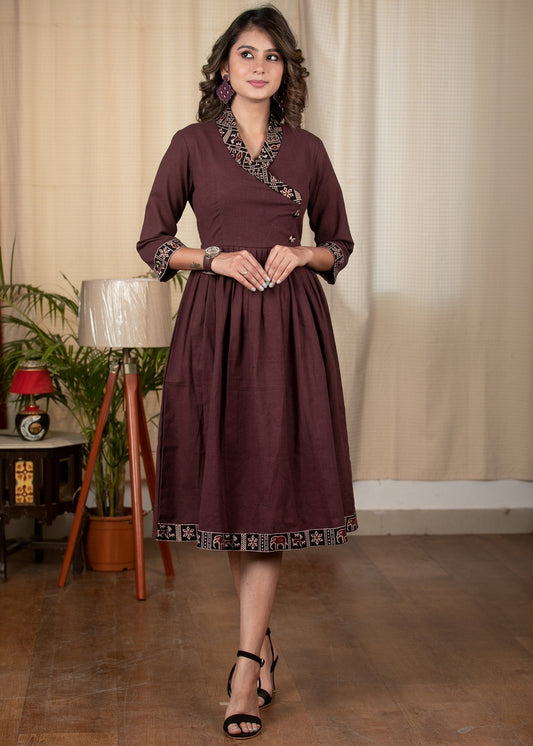 Exclusive brown cotton dress with Ajrakh detailing