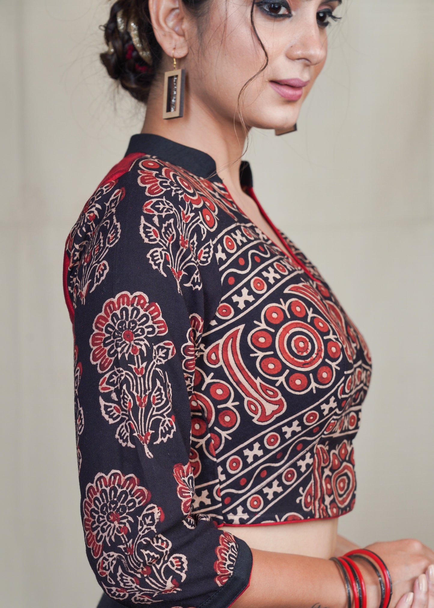 Cotton Ajrakh Combination Blouse with Mandarin Collar