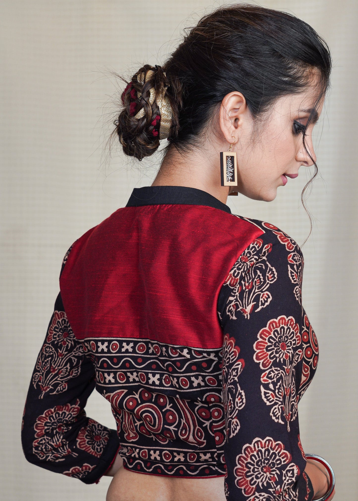 Cotton Ajrakh Combination Blouse with Mandarin Collar