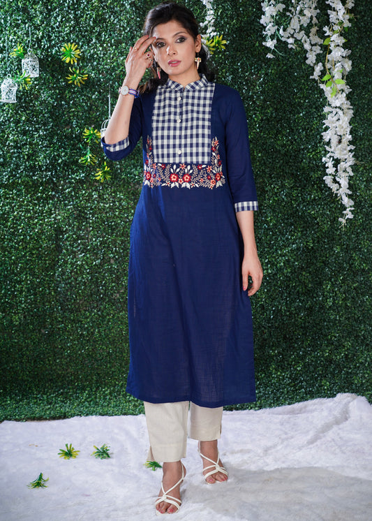 Navy Blue cotton kurta with Checks Yoke & Embroidery