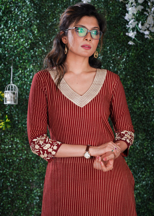 Maroon Cotton Ajrakh striped kurta with embroidery on hem & sleeves and smart Neck Pattern