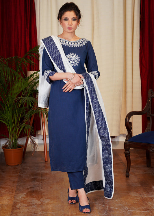 Blue Cotton Handloom Kurta With Beautiful Mirror Embroidery Work on Y0ke, Sleeves and Neck - 2 Pc