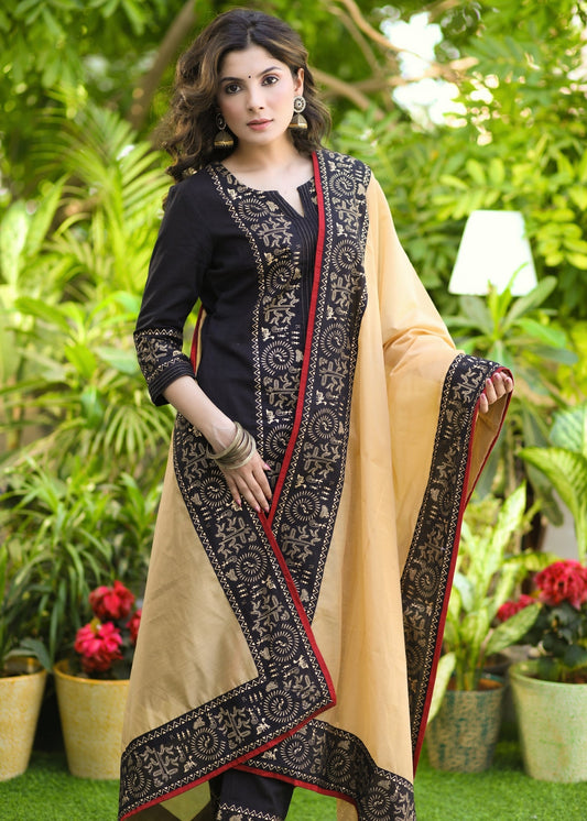 Smart Black Cotton Foil Print Kurta and Pant Set - Dupatta Optional