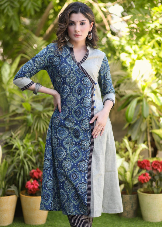 Elegant Pure Cotton Ajrakh Combination Kurta - Pant Optional