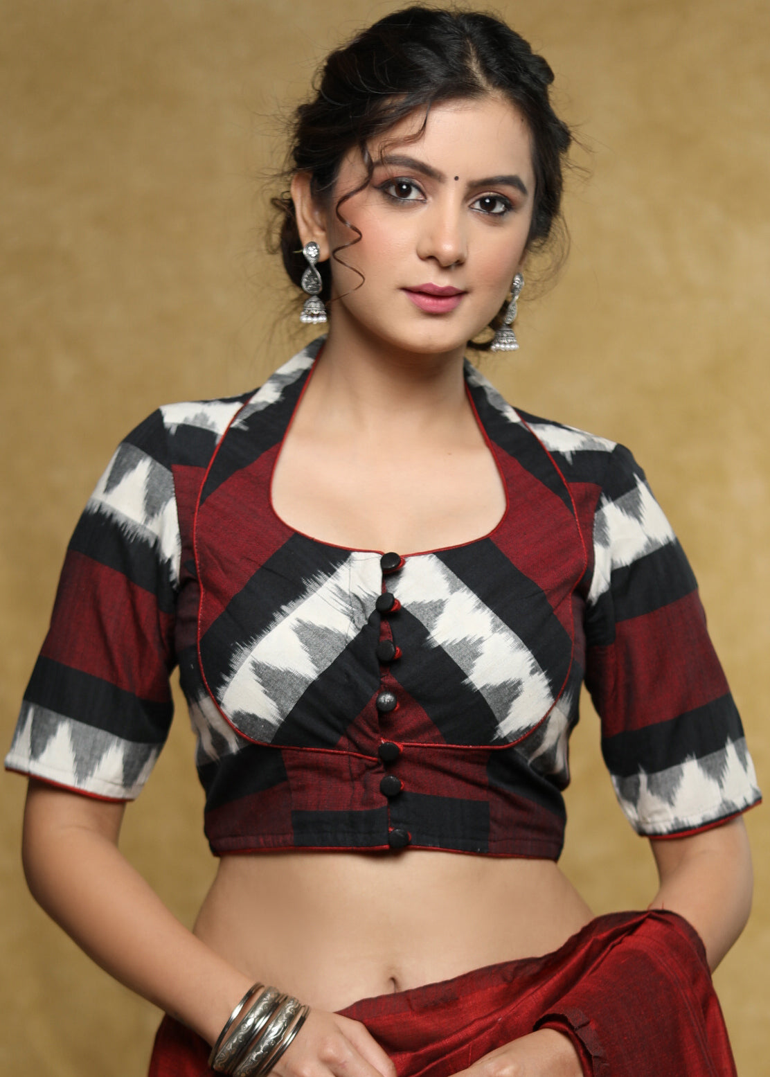 Elegant black & maroon Ikat Cotton blouse with Mandarin Collar with black buttons